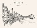 Kolkata, India. Howrah Junction Railway Station and Howrah Bridge. Hand drawn travel postcard