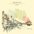 Kolkata, India. Howrah Junction Railway Station and Howrah Bridge. Hand drawn travel postcard