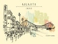 Kolkata, India. Howrah Junction Railway Station and Howrah Bridge. Hand drawn travel postcard