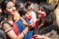 Kolkata, India Ã¢â¬â 8th October 2019; Women participate in Sindur Khela at a puja pandal on the last day of Durga puja at Baghbazar