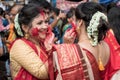 Kolkata, India Ã¢â¬â 8th October 2019; Women participate in Sindur Khela at a puja pandal on the last day of Durga puja at Baghbazar