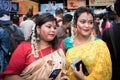 Kolkata, India Ã¢â¬â 8th October 2019; Women participate in Sindur Khela at a puja pandal on the last day of Durga puja at Baghbazar