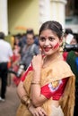 Kolkata, India Ã¢â¬â 8th October 2019; Women participate in Sindur Khela at a puja pandal on the last day of Durga puja at Baghbazar