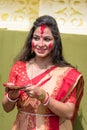 Kolkata, India Ã¢â¬â 8th October 2019; Women participate in Sindur Khela at a puja pandal on the last day of Durga puja at Baghbazar