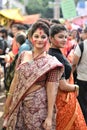 Kolkata, India Ã¢â¬â 8th October 2019; Women participate in Sindur Khela at a puja pandal on the last day of Durga puja at Baghbazar