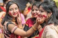 Kolkata, India Ã¢â¬â 8th October 2019; Women participate in Sindur Khela at a puja pandal on the last day of Durga puja at Baghbazar