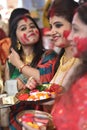 Kolkata, India Ã¢â¬â 8th October 2019; Women participate in Sindur Khela at a puja pandal on the last day of Durga puja at Baghbazar