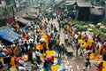 KOLKATA, INDIA: Top view of crowd of customers and sellers of Mullik Ghat Flower Market