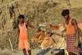 Two men and cow working in a field