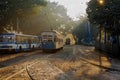 Kolkata tram standing on the tracks near a tramway depot at BBD Bag on a foggy winter morning Royalty Free Stock Photo