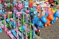 Colorful children`s scooter for sell on an open shop, at Esplanade, Kolkata. Royalty Free Stock Photo