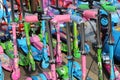 Colorful children`s scooter for sell on an open shop, at Esplanade, Kolkata. Royalty Free Stock Photo