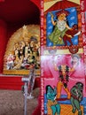 Durga Puja pandal with idol and mural of goddess Durga during Hindu festival of Navratri at Bengal.
