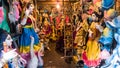 Colorful idols of the Hindu Goddess Durga on display at a sculpture workshop in the