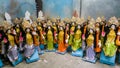 Colorful idols of the Hindu Goddess Durga on display at a sculpture workshop in the