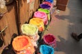 Famous ancient Hindu festival Holi celebration with various colored powder or Gulal and toys selling on local street