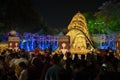Kolkata, West Bengal, India - 12th October, 2021 : Devotees visiting decorated Durga Puja pandal at night. Biggest festival of