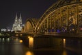 Koln Cathedral on the banks of Rhine at night