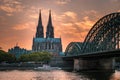 Koln Germany city skyline, Cologne skyline during sunset ,Cologne bridge with cathedral Germany Europe Royalty Free Stock Photo