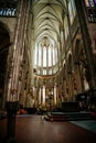 Kolner Dom, Cologne Cathedral Interior, Stained Glass Windows, Roman Catholic gothic church, Details of the sculptures, Nave altar