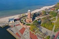 KOLOBRZEG, POLAND - 25 APRIL 2019 - Aerial view on Kolobrzeg city, area of Lighthouse at Baltic Sea shore and Ship Port