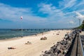 Kolobrzeg, zachodniopomorskie / Poland - May, 21, 2019: Pier in a holiday resort by the sea. A place of rest in Central Europe