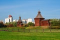 Kolomenskoye Park in Moscow. Museum of Wooden Architecture. The connection of times, ancient architecture against the background