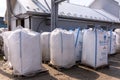 Kolomyia, Ukraine - SEP 04, 2020: Expandable Polystyrene Eurocell 200FL spherical beads in big-bag packages bulk of 1125 kg by