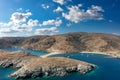 Kolona Fykiada double sided sandy beach, aerial drone view. Greece, Kithnos island, Cyclades