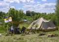 KOLYVAN, RUSSIA - JUNE 12, 2022: People dressed in costumes of German soldiers are preparing to restore the battle scene in World