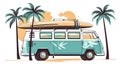 Kombi van with a surf board on top palm trees white background Generative AI Illustration Royalty Free Stock Photo