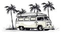 Kombi van with a surf board on top palm trees white background Generative AI Illustration