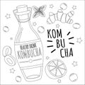 Kombucha bottle. Fermented tea. Antioxidant Chinese lemonade. Healthy vegan drink. Ginger and lemon pieces. Natural