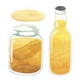 Kombucha drink. Watercolor set of healthy beverage of kombucha