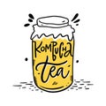 Kombucha hand drawn vector lettering and jar illustration. Isolated on white background. Kombucha healthy fermented probiotic tea