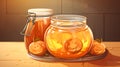 Kombucha illustration. Homemade kombucha tea in glass jar made of yeast, sugar and tea. Kombucha sweet and sour drink helps to