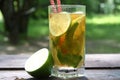 Kombucha Tea Fermented Super Food In Glass With Straw With Mint And Lemon, Lime On Wooden Table, Close Up. Royalty Free Stock Photo