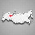 Komi region location within Russia 3d map