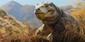 Komodo dragon against mountains, portrait of big monitor lizard close-up, wild reptile as ancient dinosaur in jungle. Concept of