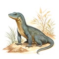 Komodo Dragon in cartoon style. Cute Little Cartoon Komodo Dragon isolated on white background. Watercolor drawing, hand-drawn Royalty Free Stock Photo