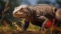 Komodo dragon close-up, portrait of big monitor lizard, wild reptile as ancient dinosaur in jungle. Concept of wildlife, nature,