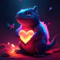 Komodo Dragon hugging heart Cute blue frog with heart. Valentine\'s day card. 3D rendering AI Generated animal ai