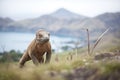 komodo dragon standing alert on island hilltop Royalty Free Stock Photo