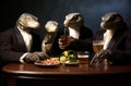 Komodo Dragons dressed like human drink beer and wine and eat snack in the bar.