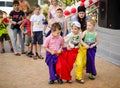 Boys team to flee in sewn sacks at pirate party Royalty Free Stock Photo