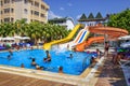 Konakli, Turkey - August 18, 2017: Swimming pool with water park in territory of resort tropical hotel.