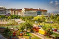 Konakli, Turkey - August 18, 2017: Tropical resort hotels top view. Children`s playground on site on sunny day.