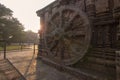 A chariot wheel carved into the wall of the 13th century Konark Sun or Surya Temple, Odisha, India Royalty Free Stock Photo