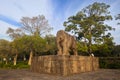 Ancient sandstone carving of lion at the ancient Indian Sun temple of Konark, Odisha.