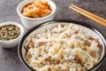 Kongnamul Bap is a classic Korean rice cooked with soybean sprouts with yummy seasoned soy sauce and kimchi closeup. Horizontal